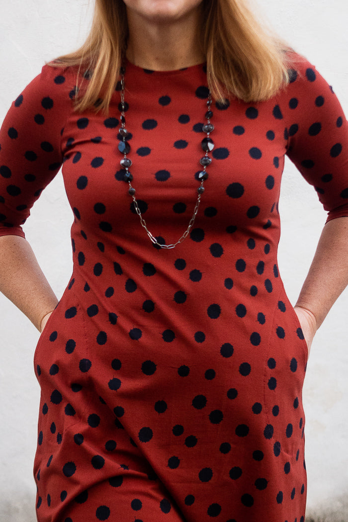 strapless open back dress Abi Dress Chiffon Midi Dress in Layla Dot Red