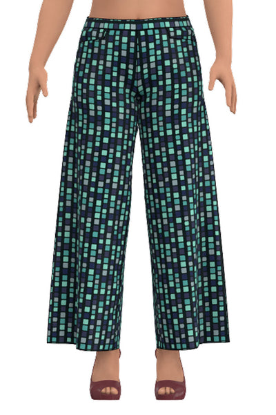 Vida trikåbyxor med resår i midjan och fickor, längd till anklarna i tyg som går i olika blå nyanser från märket Esther & Inez