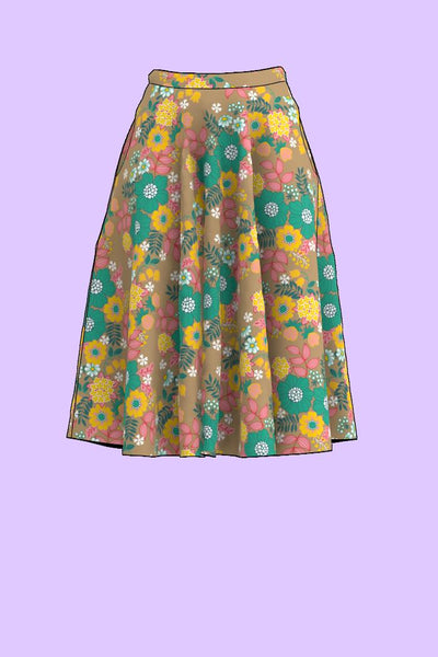 retro blommor i beigea toner på klockad kjol med fickor från Esther & Inez