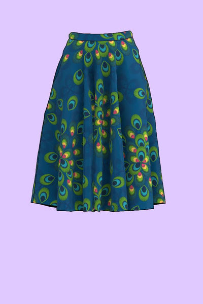 blå klockad kjol med fickor och påfågelfjärdar från Esther 6 Inez