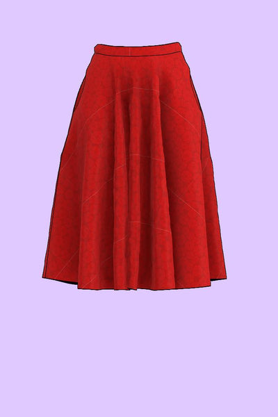 röd klockad kjol med röda blommar och fickor från Esther & Inez